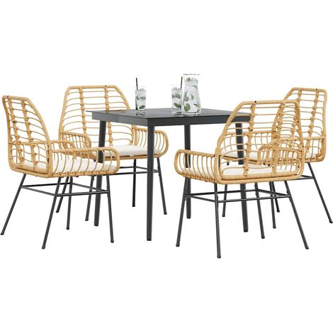 5-tlg. Garten-Essgruppe mit Kissen Braun Poly Rattan Glas