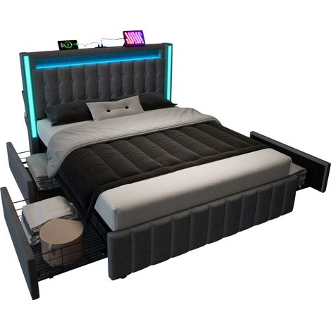 Bett mit Stauraum Leinen Grau 160x200 cm mit USB-C, LED und 4 Schubladen (1/5)
