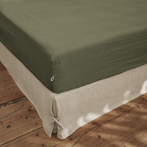 Drap housse 140 x 190 cm en lin lavé Soline Kaki (1/2)