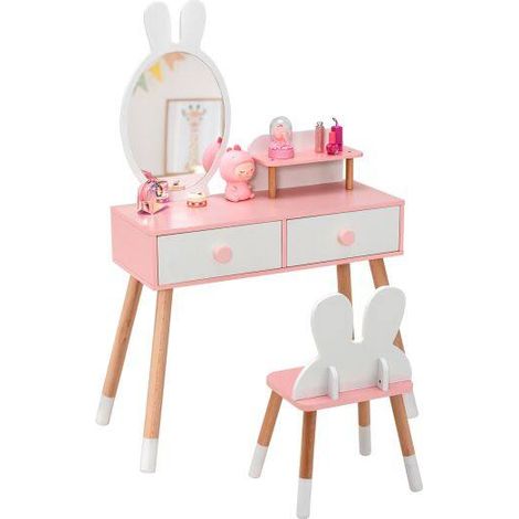 Ensemble coiffeuse enfant blanche 2-en-1 avec miroir acrylique incassable, 2 tiroirs et chaise pour chambre et salle de jeux (1/5)