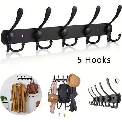 Porte-manteau mural long, 5 crochets pour suspendre des manteaux, patères murales, porte-manteau mural, crochet pour vêtements, veste, chapeaux, noir