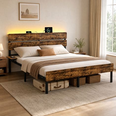 Cadre de Lit Double avec LED et USB, Rangement sous Lit, 160×200cm, Marron (1/5)