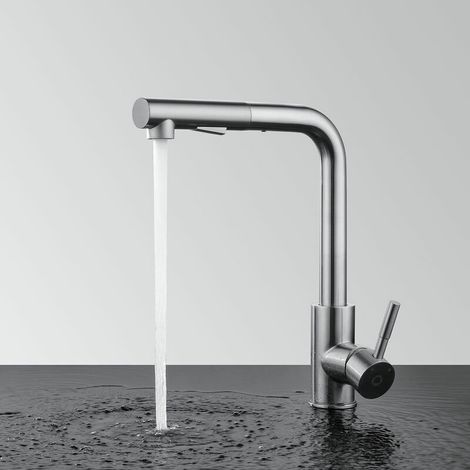 Pull Out Kitchen Faucet, 360° Swivel Kitchen Mixer Taps with 2 Types of Effect on One Button, Ceramic Valve, Anti-scratch & Corrosion Resistant, Chrome - Chrome (1/5)