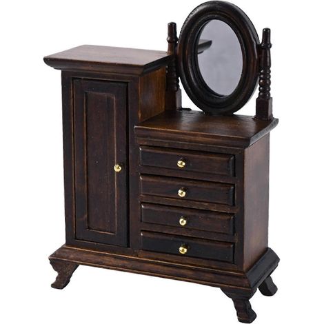 Coiffeuse vintage avec tiroirs de rangement, meuble miniature en bois, idéal pour les accessoires de chambre de maison de poupée (1/5)