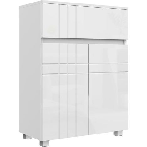 Meuble de rangement salle de bain sur pied blanc laqué avec 2 portes et 1 tiroir, étagère réglable pour un espace organisé (1/5)