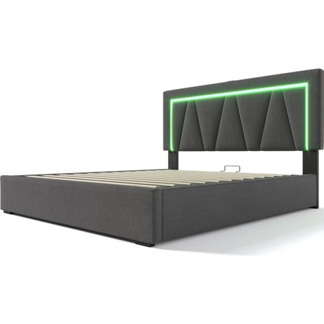 Lit double capitonné gris 160 x 200 cm avec LED, USB et USB-C, rangement, avec matelas (1/5)