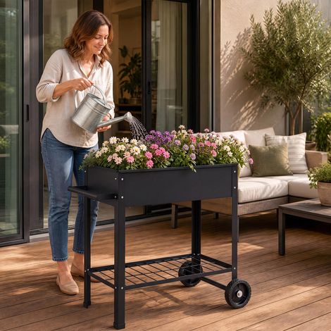 Amateurs de jardinage, jardinière mobile avec roues et poignée, bac surélevé noir 88 x 37 x 80 cm avec étagère (1/5)
