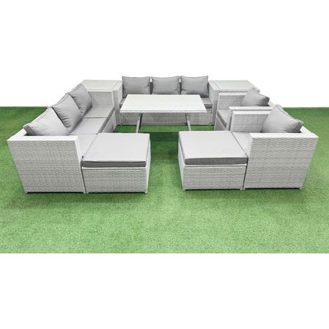 Fimous 10 Seater Garden Furniture Set PE Ratten Garden Sofa Set with Rectangular Dining Table 2 Big Stool 2 Side Tables Light Grey (1/4)