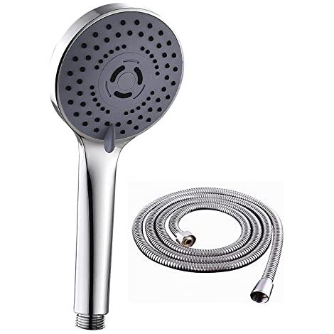 Soffioni doccia,con tubo in PVC 1.5M IN OMAGGIO, doccetta anticalcare, con 5 modalità di risparmio idrico ad alta pressione, soffione doccia con pulsante di arresto, finitura cromata (1/5)