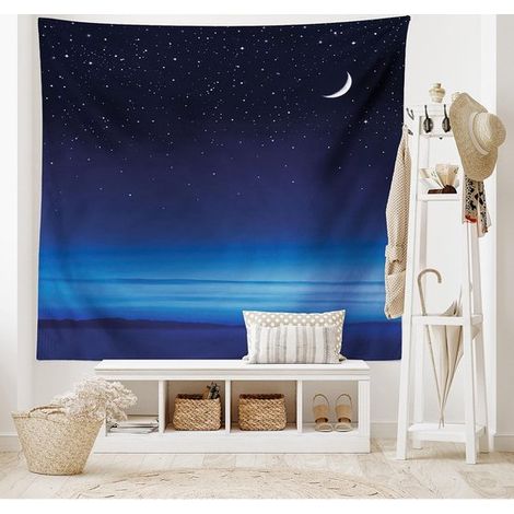 Tapis de nuit, Lune et étoiles Santa Barbara, tapis mural en satin doux et soyeux pour salon ou chambre, 200 x 150 cm, bleu foncé, bleu ciel et blanc