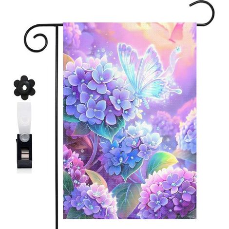 Drapeau de jardin bienvenue 30 x 45 cm motif hortensias colorés et papillon toile double face pour extérieur (1/5)