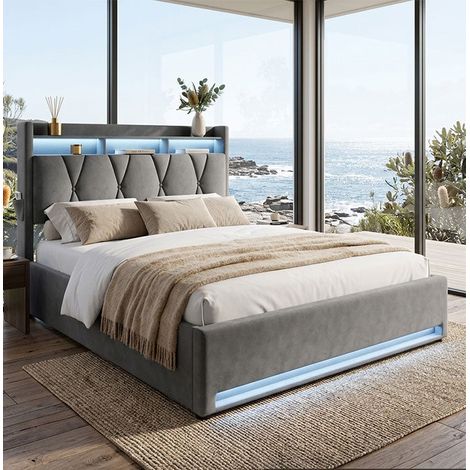 Audreamy Vega Ottoman Bed Frame Grey Velvet Double 135 x 190 cm