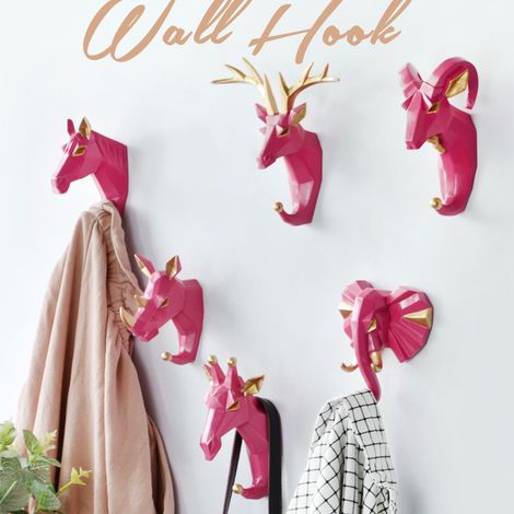 6 Stück Kleiderhaken, Tierkopf, Hirsch, Elefant, Ziege, Wandgarderobenhaken, kreativer Vintage-Retro-Harz-Wandhaken zur Türmontage für Eingangsbereich, Schlafzimmer, Badezimmer, Roségold (1/4)