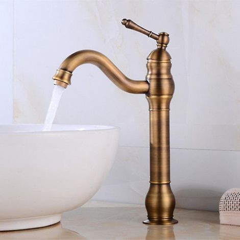 Robinet mitigeur rétro pour lavabo, en laiton noir, bec haut, design élégant et antique, style unique. (1/5)