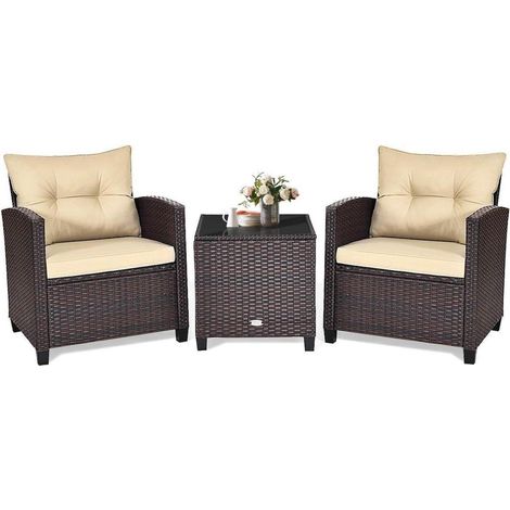 Balkonmöbel Set Polyrattan Gartenmöbel Terrassenmöbel Tisch Stühle Kissen Beige (1/5)