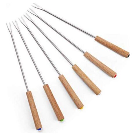 6 Pièces Fourchettes à Fondue au Fromage avec Manche en Bois Pic Fondue Inoxydable Pique à Fondue Bourguignonne Fourchette à Chocolat 24cmpour Barbecue, Pain, Légumes (1/4)