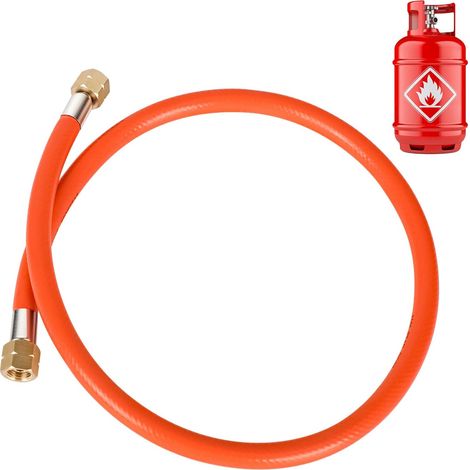 Regolatore di pressione del gas 50 mbar, tubo del gas da 150 cm, filettatura esterna da 1/4" a 19 LH, regolatore di pressione per griglie a gas, per campeggio, picnic, barbecue (tubo arancione) (1/5)