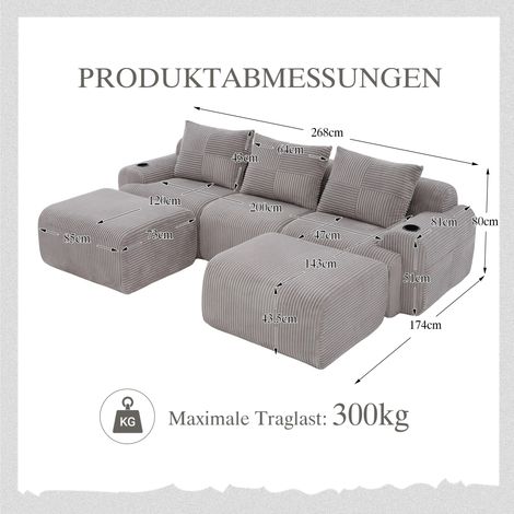 Canapé modulaire velours côtelé 3 personnes avec 2 tabourets combinable librement porte-gobelet sac rangement latéral salon familial-Go. (1/5)