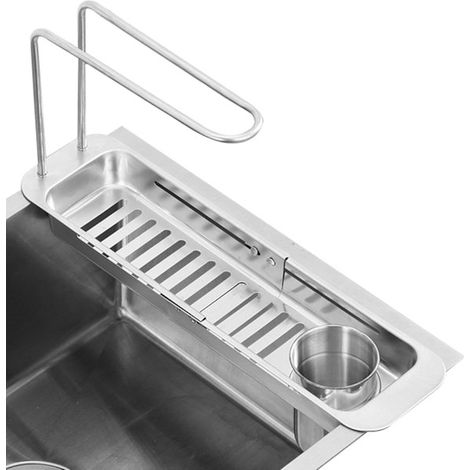 Égouttoir à vaisselle en acier inoxydable, égouttoir à vaisselle à poser sur l'évier, porte-éponge extensible, égouttoir pour évier de cuisine — yux (1/5)