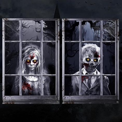 Curtain, 2 Pieces Window, Scary Room Curtain Decoration with Horror Pattern for Outdoor and Indoor Window, Wall Decoration (A) (1/5)