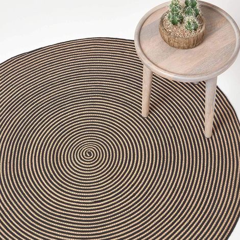 HOMESCAPES Geflochtener runder Teppich, leinen-schwarz mit Spiral-Muster, 150 cm