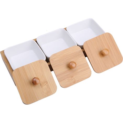 Assiette à apéritif en céramique avec couvercle plateau bambou pour fruits noix desserts (3 compartiments) (1/4)