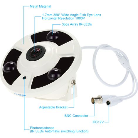 Caméra de surveillance panoramique 360° HD 2000 TVL 1080p 1,7 mm Fisheye pour la sécurité à domicile (système PAL).