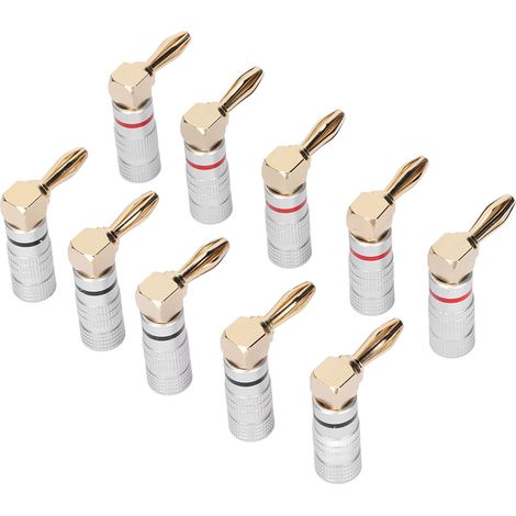 10 Connecteurs Banane 24K Dorés, Boîtier Aluminium, Angle Droit pour Câbles Audio 4mm et Haut-Parleurs
