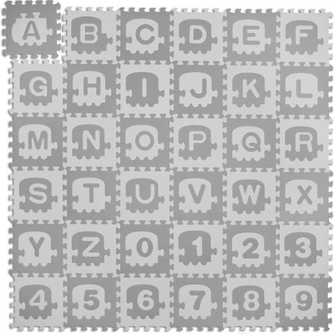 Relaxdays Tappeto Gioco Bambini, Puzzle 71 Parti Lettere ABC e Numeri, Tappetino Gattonare 179,5x179,5 cm, Bianco Grigio