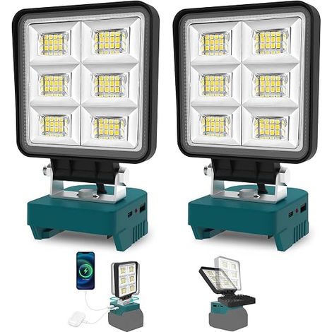 48 W 5200LM LED Construction Light USB Rechargeable Lamp USB-C & USB Compatible with 18 V Battery for Camping Workshops Automobiles Garage 2 Pieces (1/5)