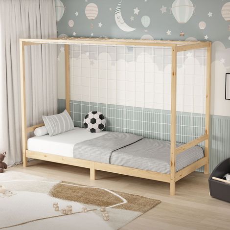 ML-Design Cama Infantil 90 x 200 cm con Portería de Fútbol Balonmano de Madera de Pino Natural, Cuna Individual para Niño con Somier de Láminas y Red, Litera Maciza Juvenil Puerta de Juego y Deporte (1/5)