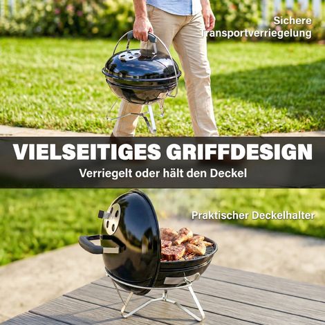 Grill à charbon portable, barbecue sphérique avec couvercle, poignée et évents réglables, 41x41x44 cm, noir (1/5)