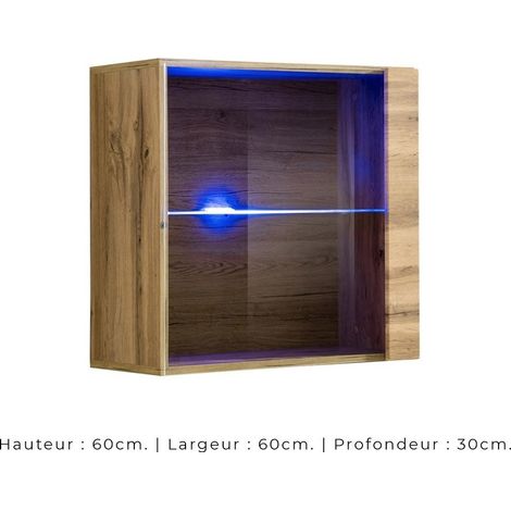 Quadratisches Hängedisplay in hellem Eichenfarbton mit einer Glastür und inkludierter LED-Beleuchtung. Kollektion SWITCH.