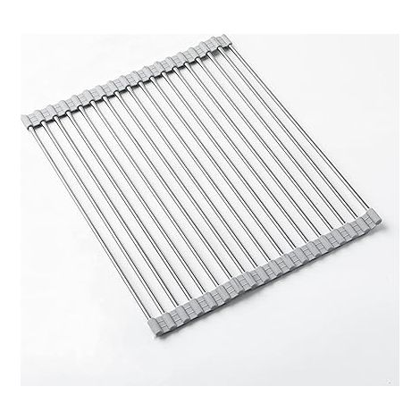 QAZQA Égouttoir à vaisselle enroulable pour évier de cuisine, en acier inoxydable 304 et silicone, égouttoir à vaisselle pliable, multi-usage, résistant à la chaleur (33 x 45 cm, gris) (1/5)