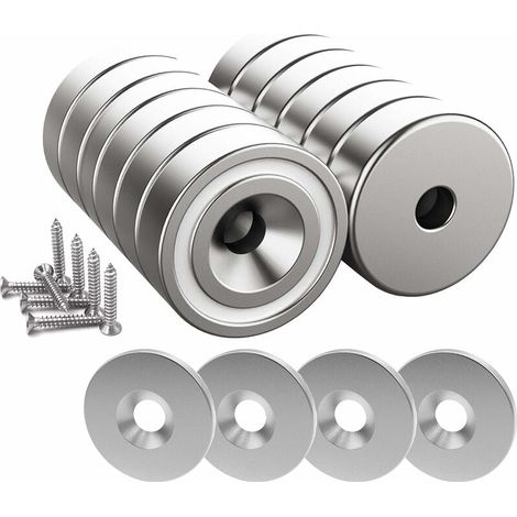 12 pièces Aimants en néodyme 10 KG force 20 x 7 mm avec trou et capsule, aimant en pot fraisé avec vis et 12 coussins en acier (Argent Brillant) thsinde--TRIMEC (1/4)