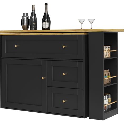 Table de bar extensible avec rangement et plateau pivotant 360°, meuble de cuisine MDF et métal noir, 138-204 x 39 x 105 cm, pour salon  CHICFURN (1/5)