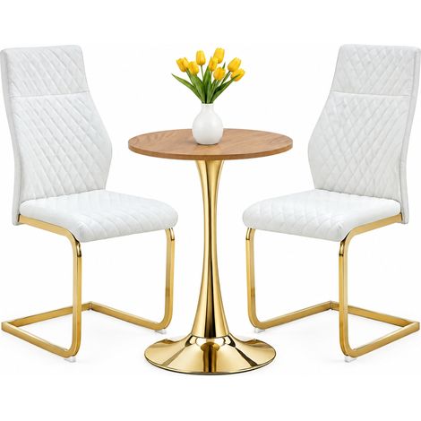 ELVMI Conjunto de Mesa y Sillas con 1 Mesa Redonda y 2 Sillas, MDF, Metal y Polipiel, Blanco y Dorado (1/5)