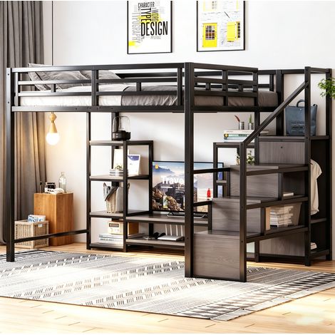 Hochbett 140x200 cm Schwarz aus Metall und MDF mit TV-Ständer, Steckdose und Aufbewahrungsleiter (1/5)