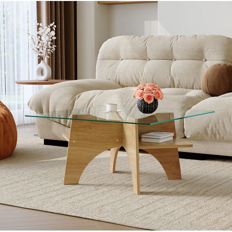 Table basse carrée 80x80x40 cm transparente avec rangement, verre de sécurité et MDF MEUBLIV (1/5)