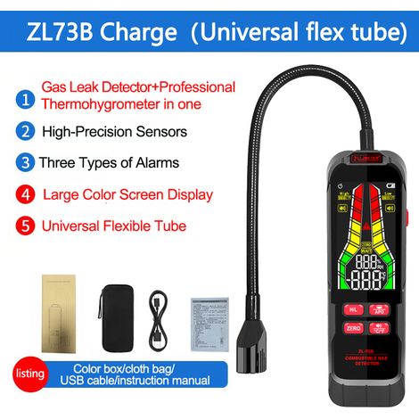 Détecteur de fuite de gaz combustible portable, testeur de fuite naturelle, analyseur de concentration portable avec test de température et fonction d'alarme sonore et lumineuse (1/5)