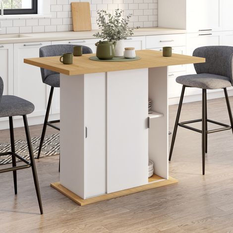 Isla central PAXTON 110 cm para 4 personas con almacenamiento de madera blanca y encimera efecto haya