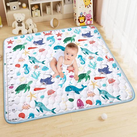 Tapis D'éveil Bébé, 127x127cm Tapis de Jeu pour Enfant Bebe, Tapis de Sol, Antidérapant Tapis Rampant Bébé, Tapis de Bébé Pliable, Coton Tapis Eveil Enfants avec Règle(Animaux Marins) (1/5)