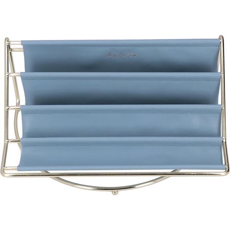 Mehrstufiges Schreibtischregal aus Metall und hochwertigem Leder – Robuster und stabiler Schreibtischorganizer, vielseitig einsetzbar, Blau (1/5)