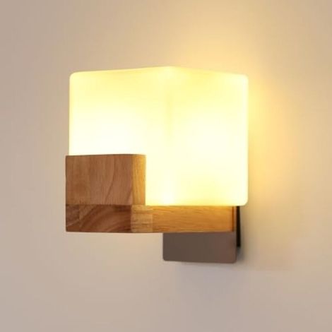 Wooden wall light for indoor use, vintage wall lamp for bedroom, hallway, living room, staircase, E27 socket with glass shade, bulb not included, square