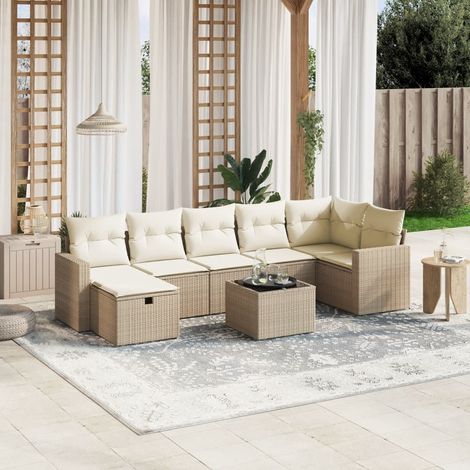 Ensemble Salon Jardin Résine Tressée Beige 8 Places avec Table Verre Trempé et Coussins Lavables (1/4)
