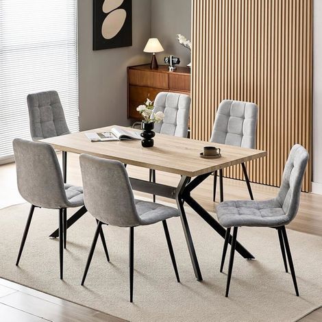 Ensemble table de salle à manger - WAFTING - 6 places - Table rectangulaire 140x80x73 cm - Hêtre clair - Chaises lin gris (1/5)