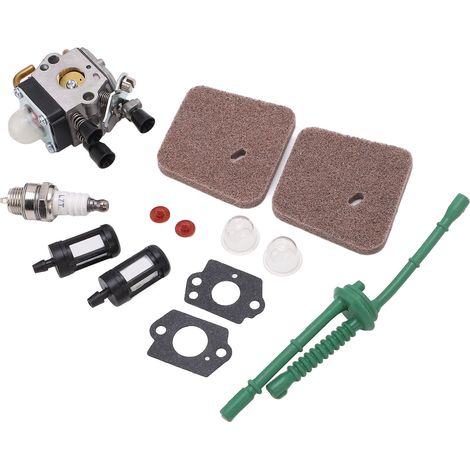Kit de carburateur pour débroussailleuse Stihl : carburateur, bougie d'allumage, filtre à carburant, poire d'amorçage, collecteur d'essence. (1/5)