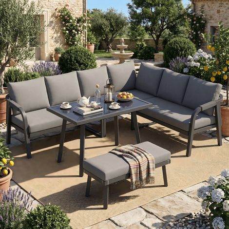 Ensemble de canapé de salon de jardin 8 places, Salon de jardin d'angle table et banquette incluses, Ensemble de meubles de jardin extérieu gris (1/5)