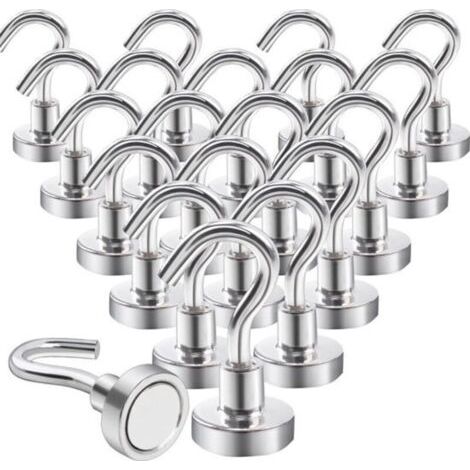 Extra starke Magnethaken (10 kg), Neodym-Magnete mit Haken, 20er-Packung, bohrfreie Befestigung, für Eisentüren, Kühlschränke, Küchen, Kleiderständer, Büros, silberfarben.