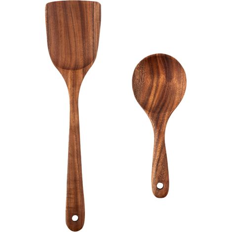 Cuillère En Bois De Teck - Ustensile De Cuisine Naturel Non Rayant Pour Poêles Antiadhésives - Lot De 2 Pièces (1/5)